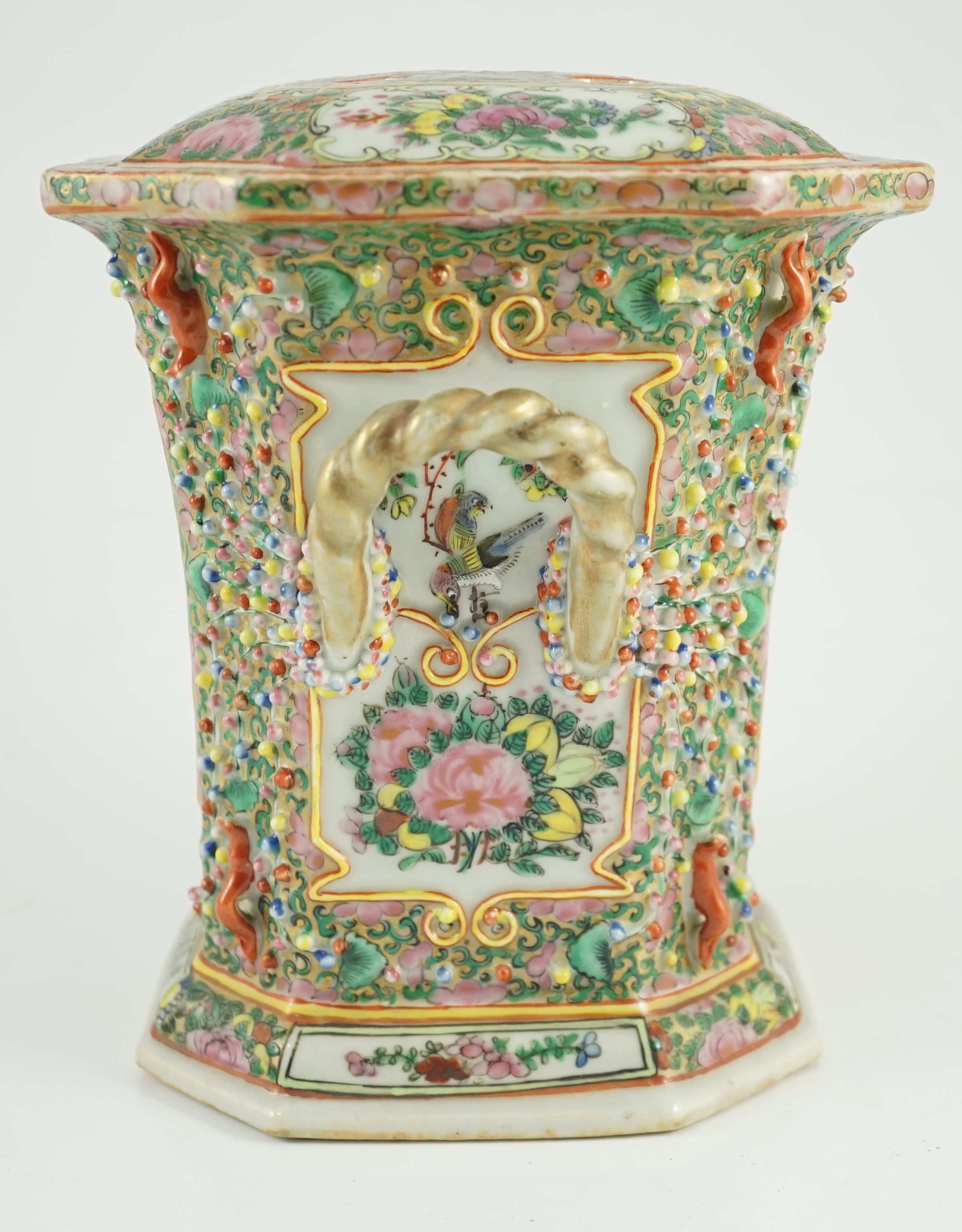 A Chinese Canton (Guangzhou) famille rose decorated bough pot and cover, c.1830, 22cm high, wear to gilding